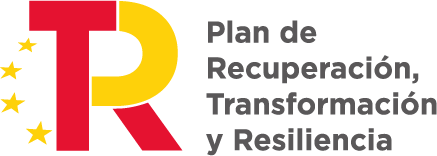 Logotipo del Plan de Recuperación, Transformación y Resiliencia de España, que incluye las letras "TR" en colores rojo y amarillo, acompañadas de estrellas.